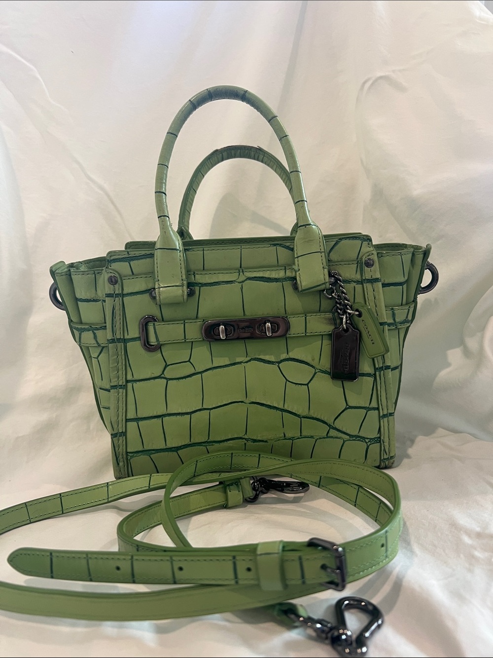 Coach Lime Green Croc-Embossed Mini Satchel with Removable Strap